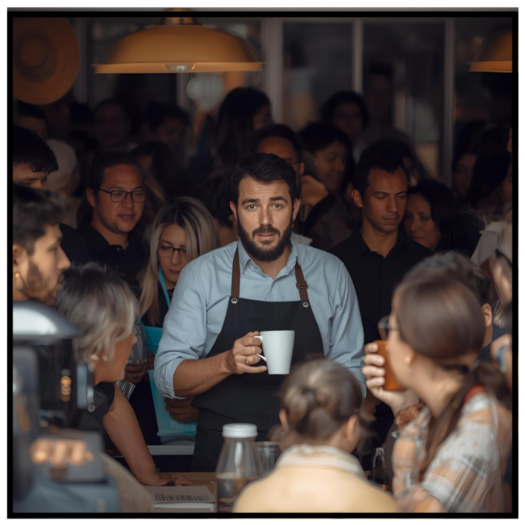 Proprietário de cafeteria olhando confuso, refletindo sobre gestão de clientes e fidelização, ilustrando desafios que o Increasify resolve